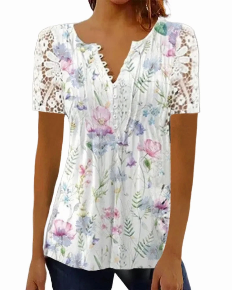 Summer Spring Women's Loose Fit Casual Lace V-Neck Printed Blouse Short Sleeve Elegant Fashion Shirt