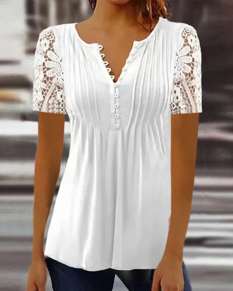 Summer Spring Women's Loose Fit Casual Lace V-Neck Printed Blouse Short Sleeve Elegant Fashion Shirt
