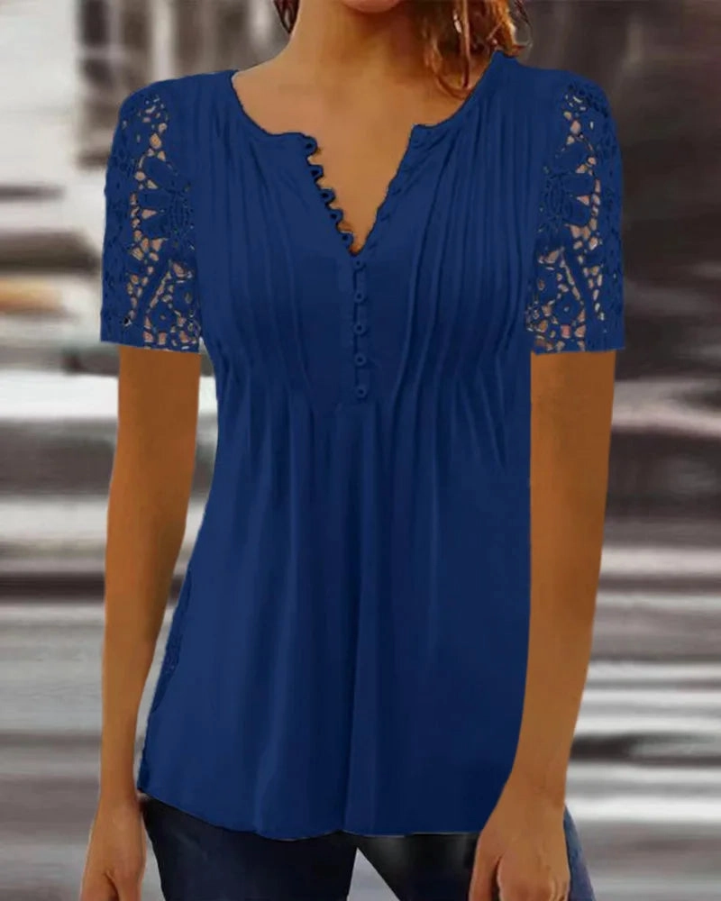 Summer Spring Women's Loose Fit Casual Lace V-Neck Printed Blouse Short Sleeve Elegant Fashion Shirt