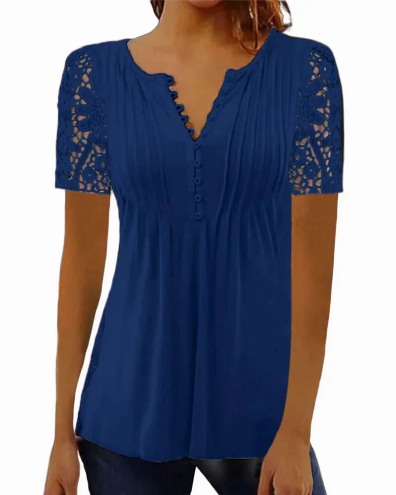 Summer Spring Women's Loose Fit Casual Lace V-Neck Printed Blouse Short Sleeve Elegant Fashion Shirt