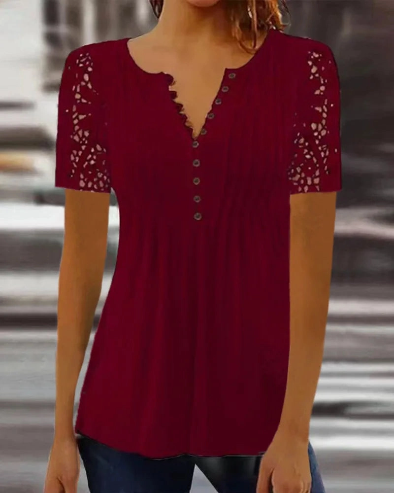 Summer Spring Women's Loose Fit Casual Lace V-Neck Printed Blouse Short Sleeve Elegant Fashion Shirt