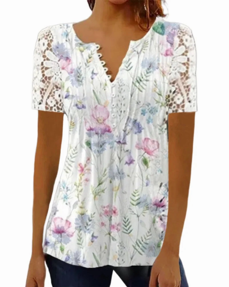 Summer Spring Women's Loose Fit Casual Lace V-Neck Printed Blouse Short Sleeve Elegant Fashion Shirt