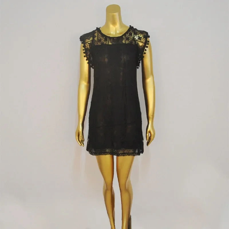 Summer White Women Dress Casual Sleeveless Beach Short Dress Female Sexy Tassel Mini Lace Dress