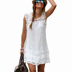 Summer White Women Dress Casual Sleeveless Beach Short Dress Female Sexy Tassel Mini Lace Dress