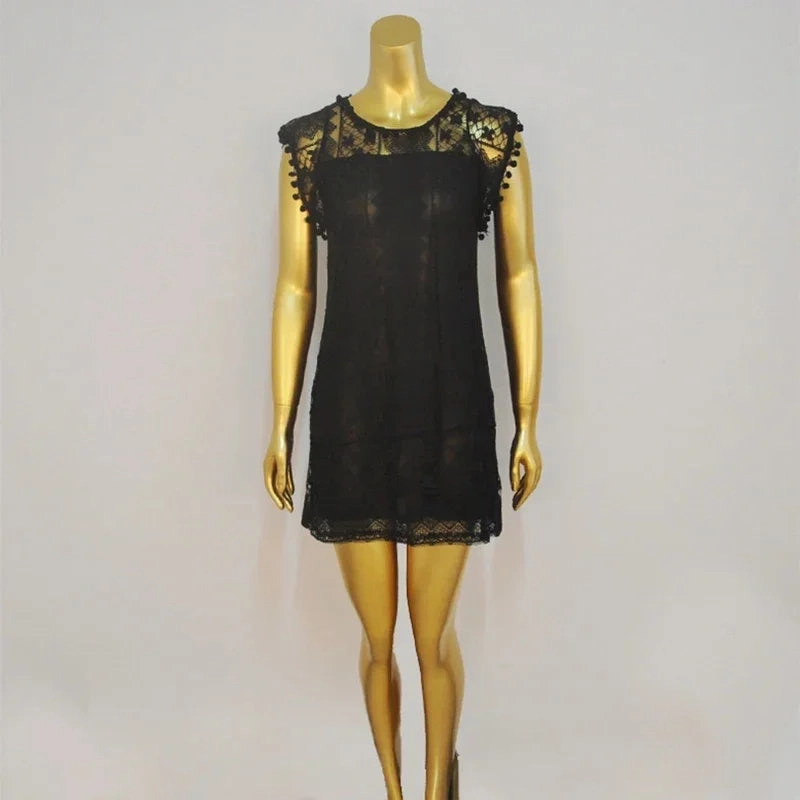 Summer White Women Dress Casual Sleeveless Beach Short Dress Female Sexy Tassel Mini Lace Dress