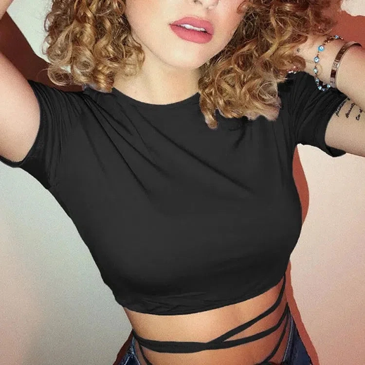 Summer Women Black Short T-Shirts Sexy Crop Tops Short Sleeve Bandage Tee Tops Female Shirts