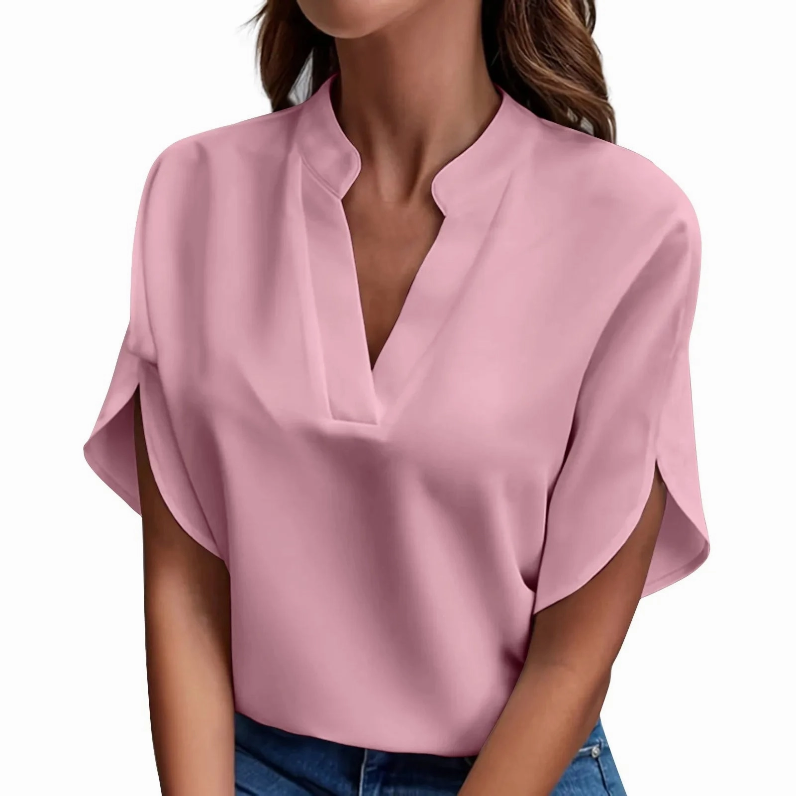 Summer Women??s Blouse Short Sleeve V Neck Loose Knit Top Elegant Casual Shirt for Ladies
