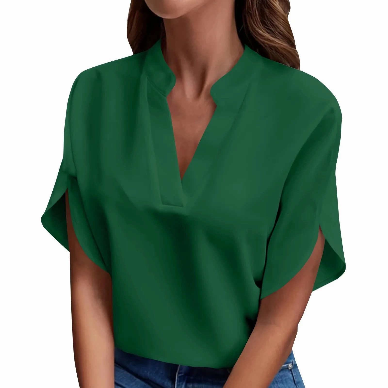 Summer Women??s Blouse Short Sleeve V Neck Loose Knit Top Elegant Casual Shirt for Ladies