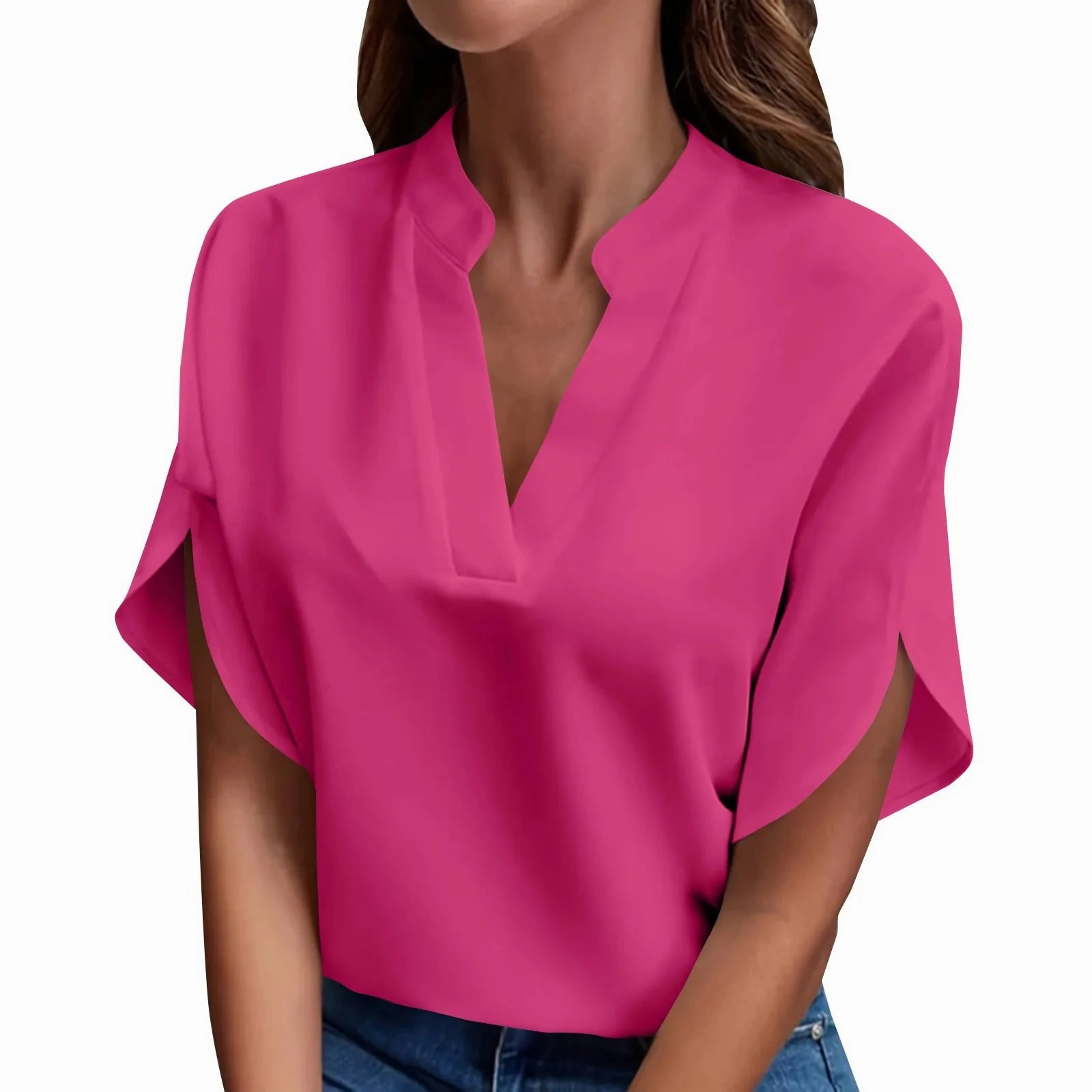 Summer Women??s Blouse Short Sleeve V Neck Loose Knit Top Elegant Casual Shirt for Ladies