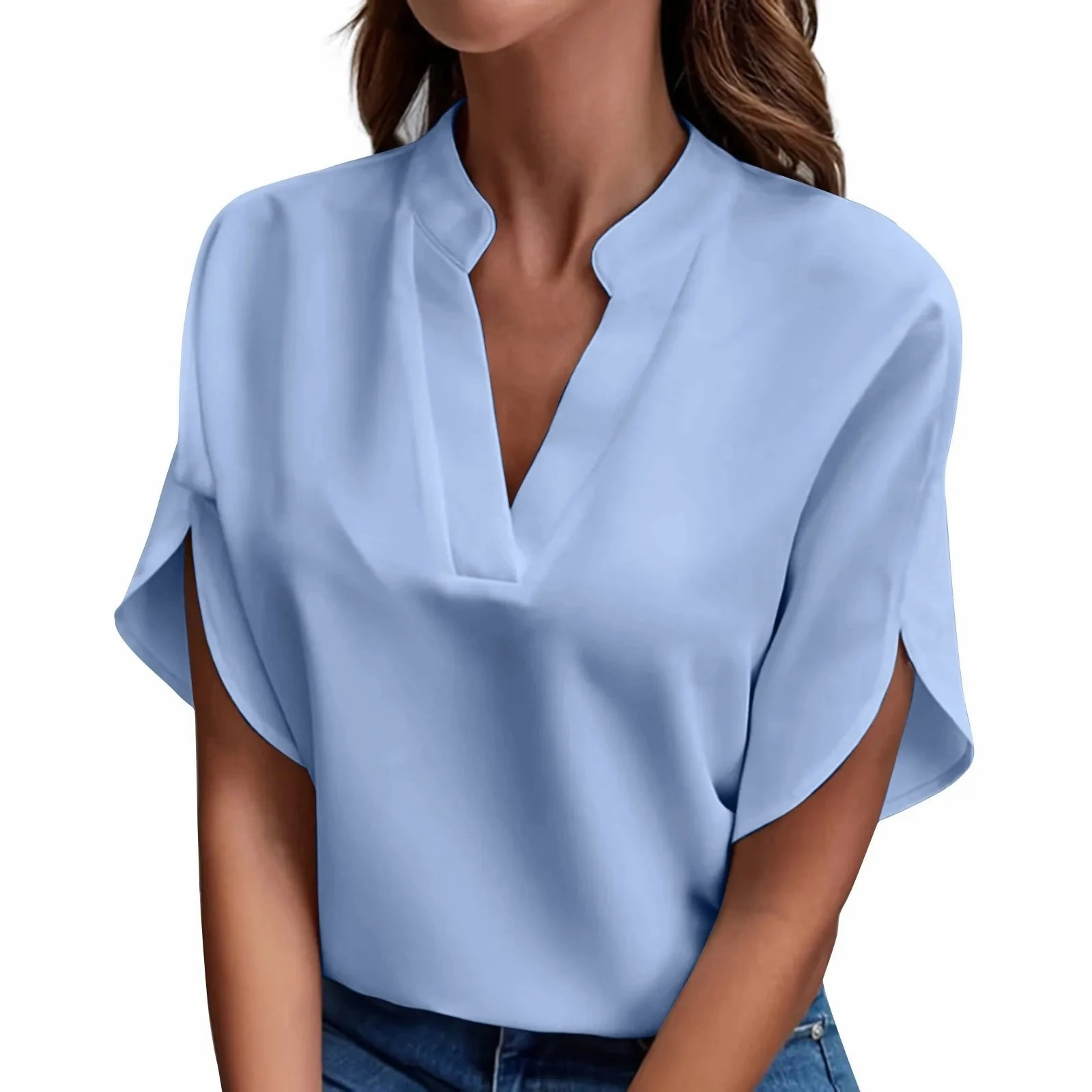 Summer Women??s Blouse Short Sleeve V Neck Loose Knit Top Elegant Casual Shirt for Ladies