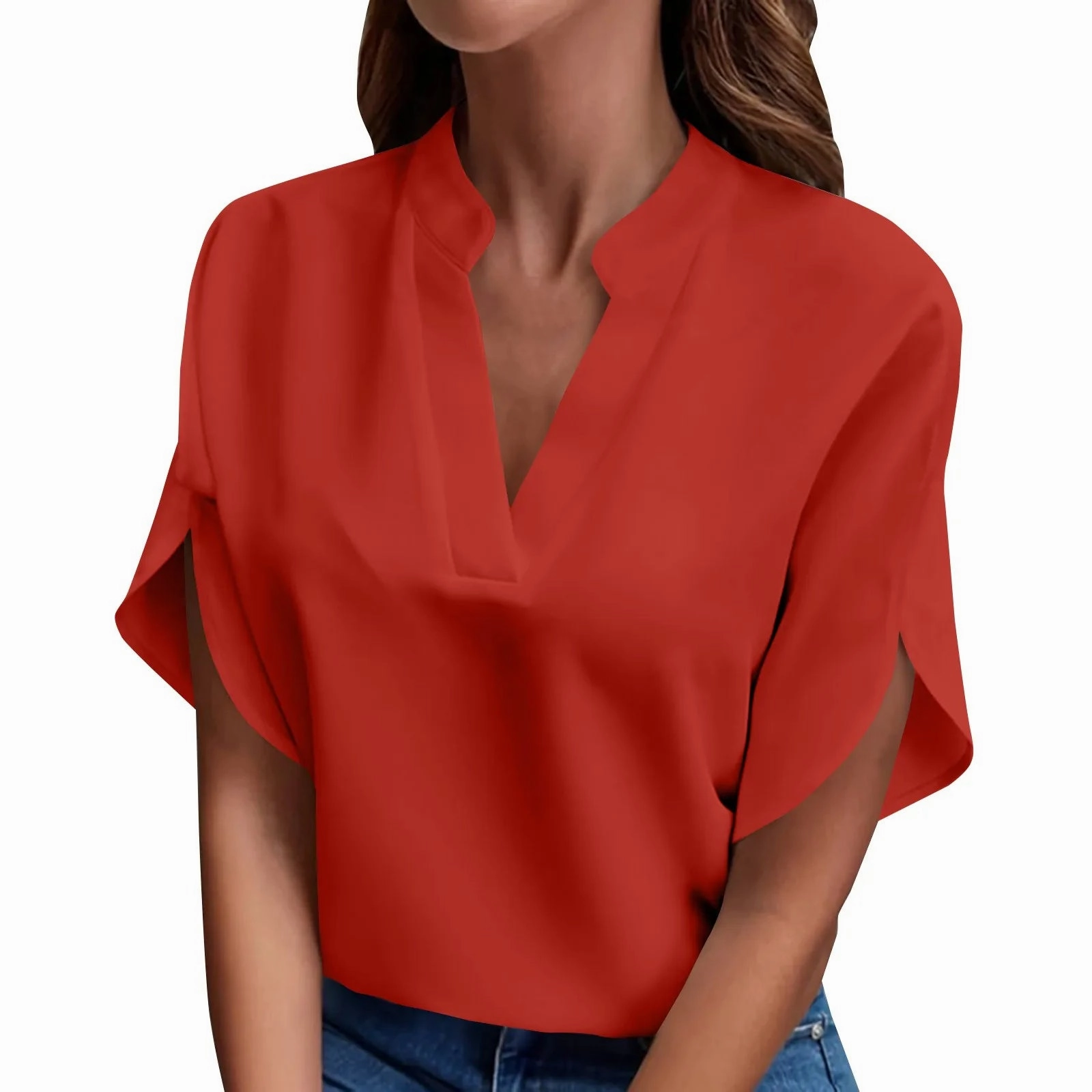 Summer Women??s Blouse Short Sleeve V Neck Loose Knit Top Elegant Casual Shirt for Ladies