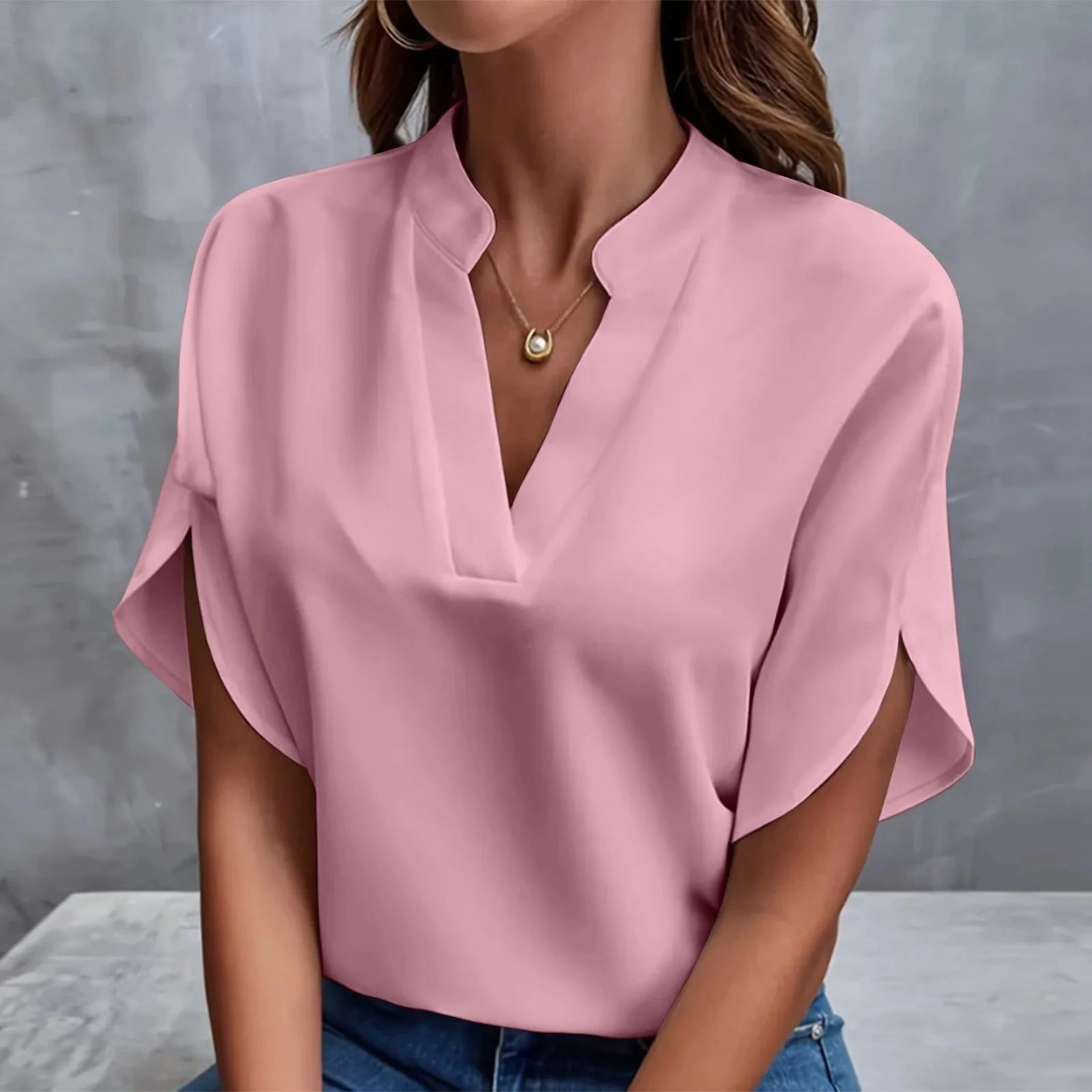 Summer Women??s Blouse Short Sleeve V Neck Loose Knit Top Elegant Casual Shirt for Ladies