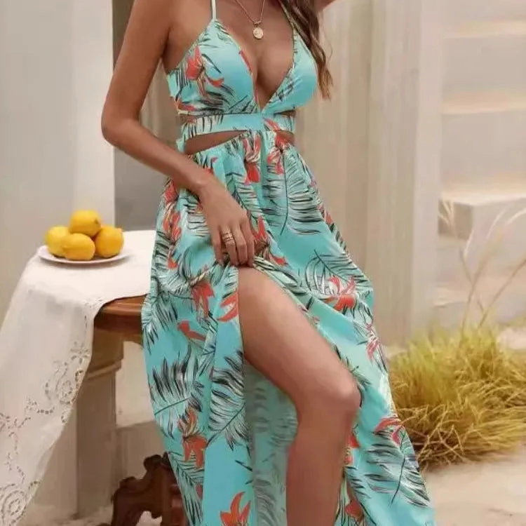Summer Women??s Bohemian Printed Maxi Dress with Bow Split Backless Elegant Beach Party Dress for Women