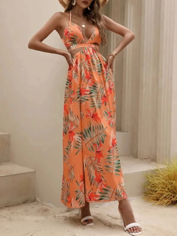 Summer Women??s Bohemian Printed Maxi Dress with Bow Split Backless Elegant Beach Party Dress for Women