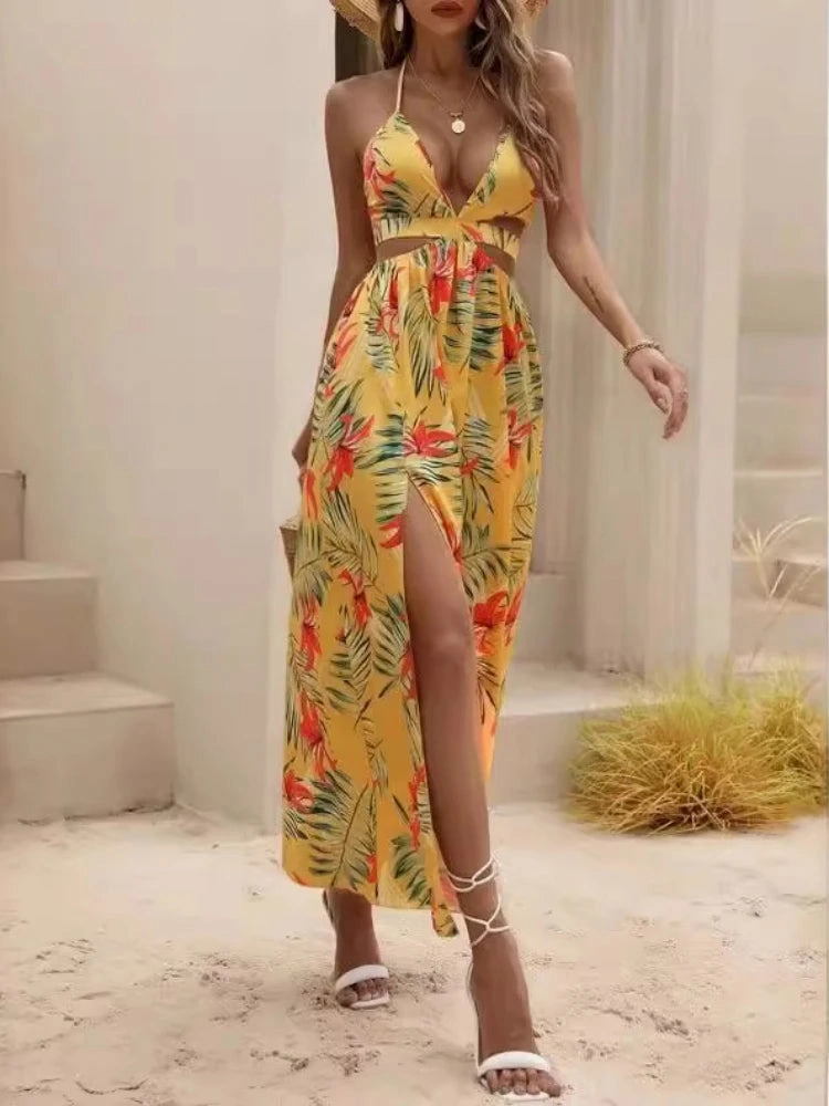 Summer Women??s Bohemian Printed Maxi Dress with Bow Split Backless Elegant Beach Party Dress for Women