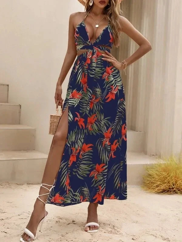 Summer Women??s Bohemian Printed Maxi Dress with Bow Split Backless Elegant Beach Party Dress for Women