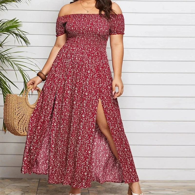Summer Women's Boho Floral Print Off Shoulder A Line Dress XXXL 4XL