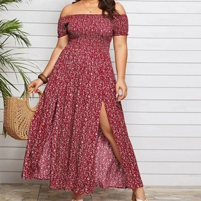 Summer Women's Boho Floral Print Off Shoulder A Line Dress XXXL 4XL