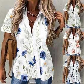 Summer Women's Casual Floral Printed Shirt Cardigan Button-Down Top for Daily Wear