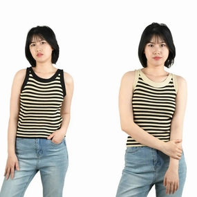 Summer Women??s Casual Stripe Tank Top Knitted Sleeveless Tee with Round Collar and High Stretch Fit Perfect for Going Out and Party