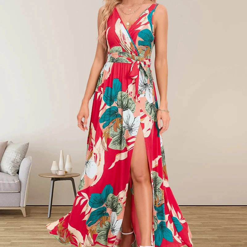 Summer Women's Double V-Neck Sleeveless Floral Print Maxi Dress with High Slit - Perfect for Beach Days