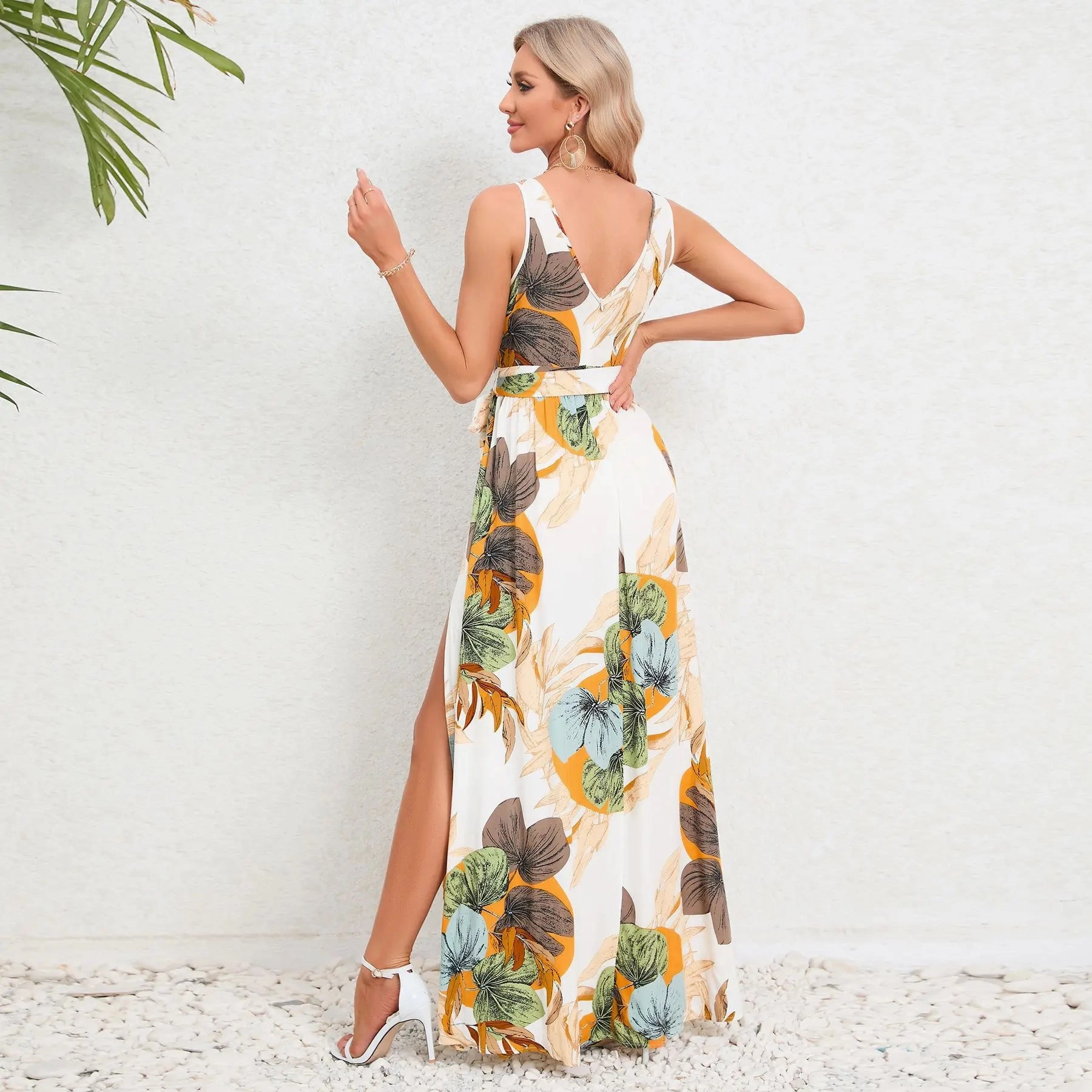 Summer Women's Double V-Neck Sleeveless Floral Print Maxi Dress with High Slit - Perfect for Beach Days
