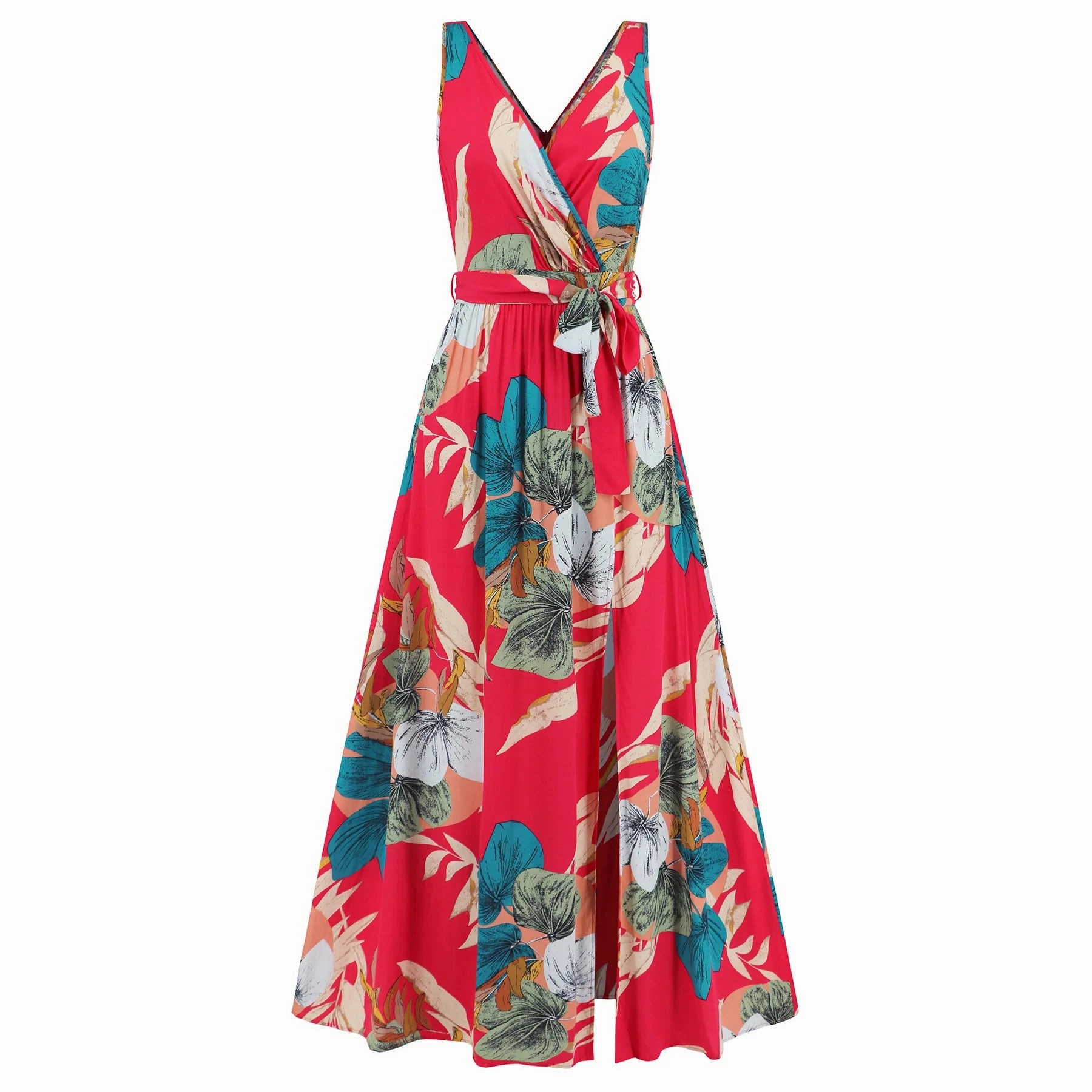 Summer Women's Double V-Neck Sleeveless Floral Print Maxi Dress with High Slit - Perfect for Beach Days