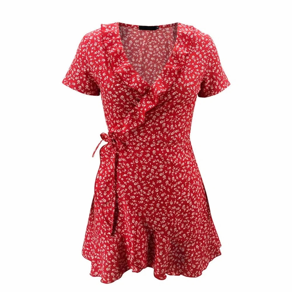Summer Women??s Floral A-Line Dress Elegant Ruffles V-neck Mini Dress