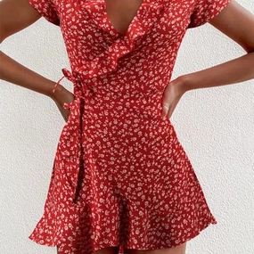 Summer Women??s Floral A-Line Dress Elegant Ruffles V-neck Mini Dress