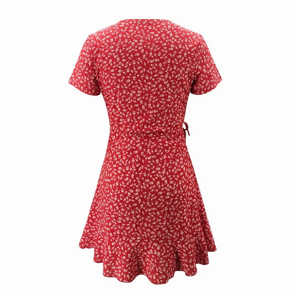 Summer Women??s Floral A-Line Dress Elegant Ruffles V-neck Mini Dress