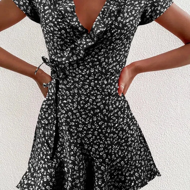 Summer Women??s Floral A-Line Dress Elegant Ruffles V-neck Mini Dress