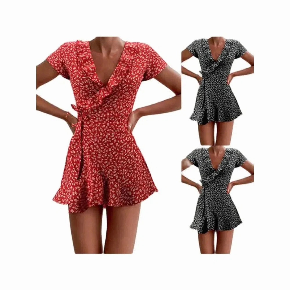 Summer Women??s Floral A-Line Dress Elegant Ruffles V-neck Mini Dress