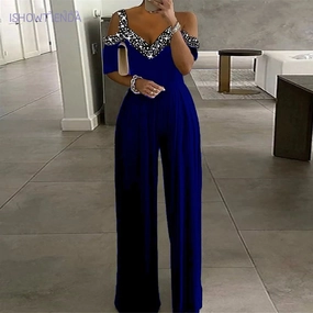 Summer Women's Jumpsuit Loose Wide Leg V-Neck Sequin Rompers Off Shoulder Casual Wear