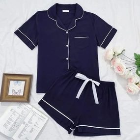Summer Women's Pajamas Sets Short Sleeve Notched Collar Top Tee Elastic Waist Shorts Loungewear Sleepwear for Comfortable Home Relaxation