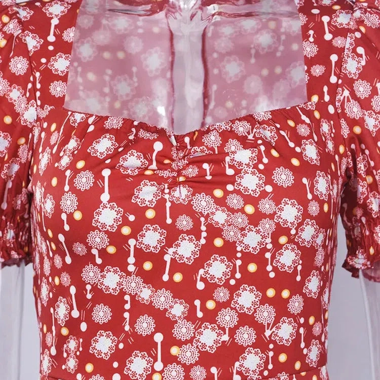 Summer Women's Red Puffed Sleeve Floral Dress for Beach