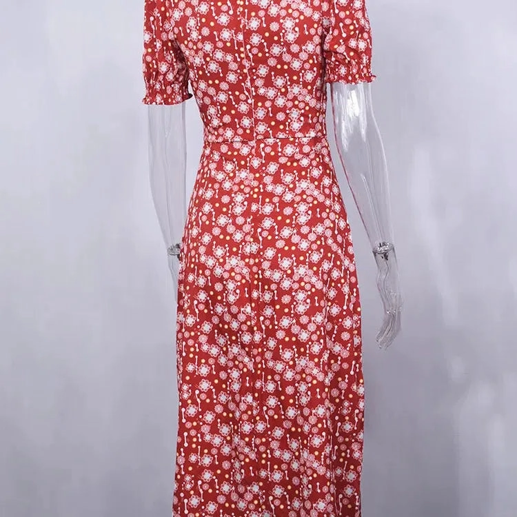 Summer Women's Red Puffed Sleeve Floral Dress for Beach