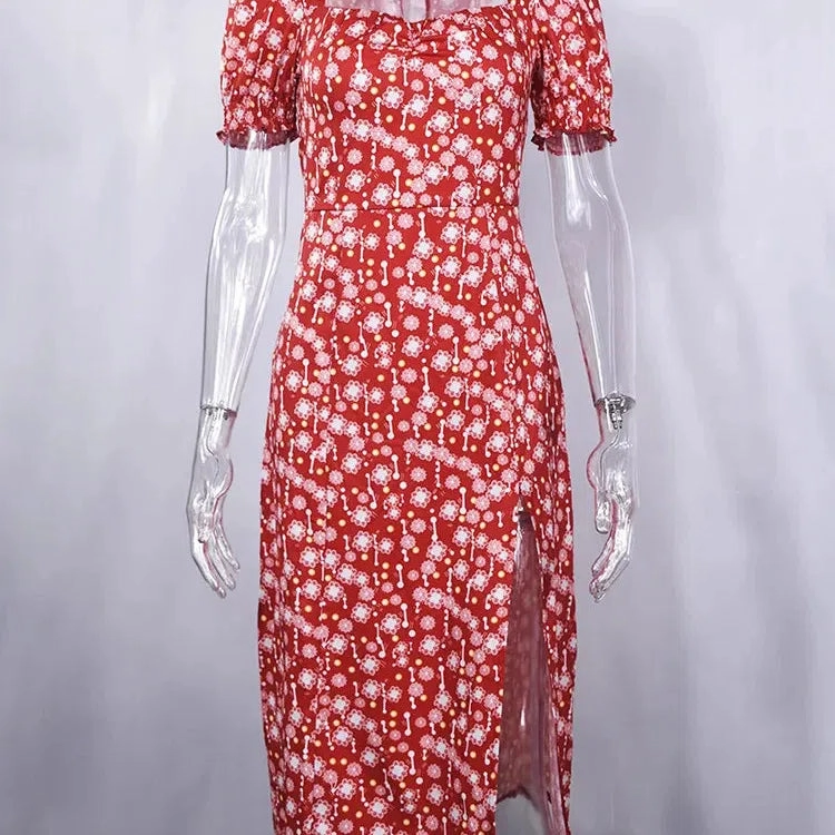 Summer Women's Red Puffed Sleeve Floral Dress for Beach
