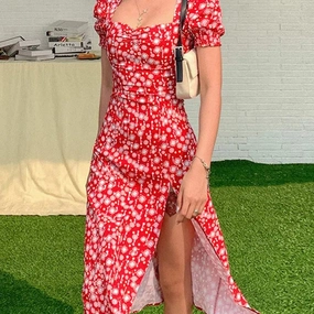 Summer Women's Red Puffed Sleeve Floral Dress for Beach