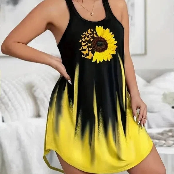 Summer Women's Sunflower Butterfly Print Curve Halter Dress