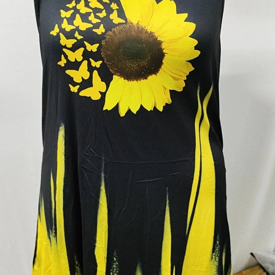 Summer Women's Sunflower Butterfly Print Curve Halter Dress