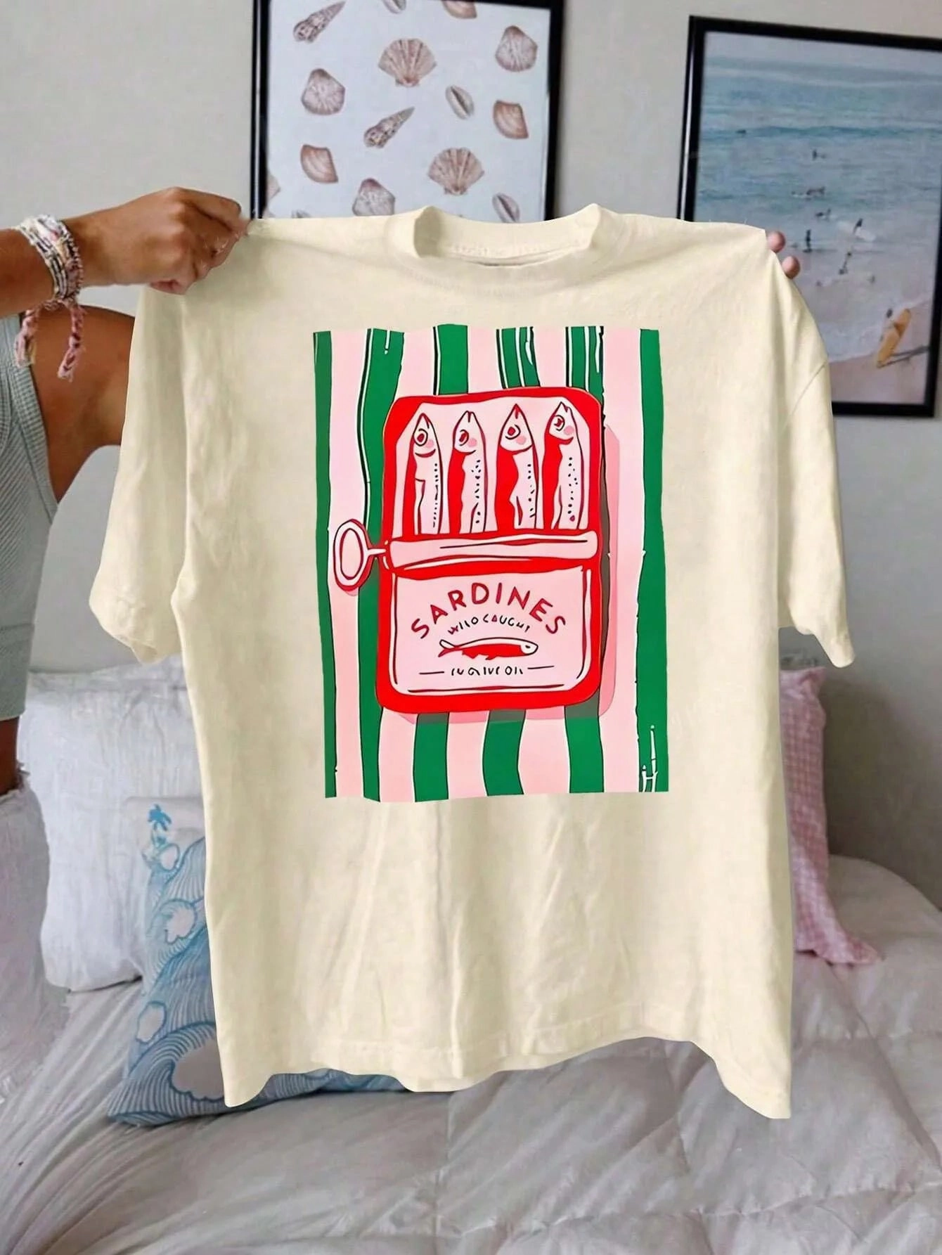 Summer Women'S T-Shirt Casual Cotton Top with Sardine Print Short Sleeve Round Neck Breathable Fabric for Daily Wear