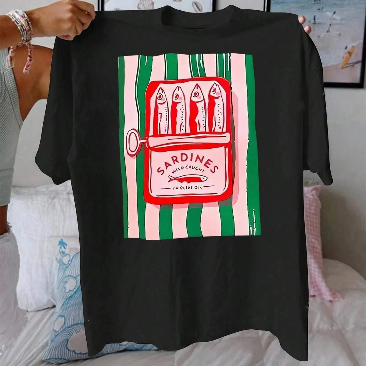Summer Women'S T-Shirt Casual Cotton Top with Sardine Print Short Sleeve Round Neck Breathable Fabric for Daily Wear