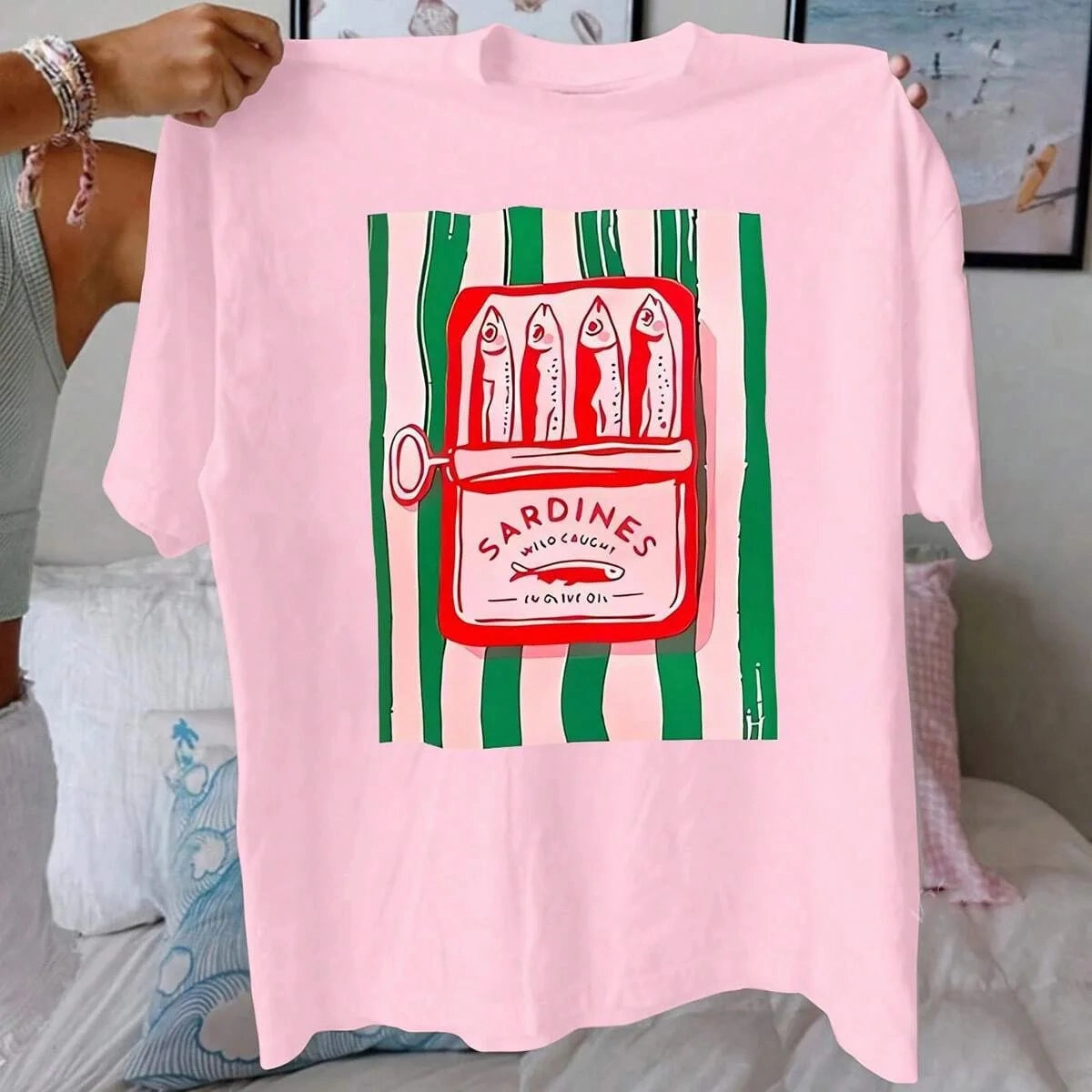Summer Women'S T-Shirt Casual Cotton Top with Sardine Print Short Sleeve Round Neck Breathable Fabric for Daily Wear