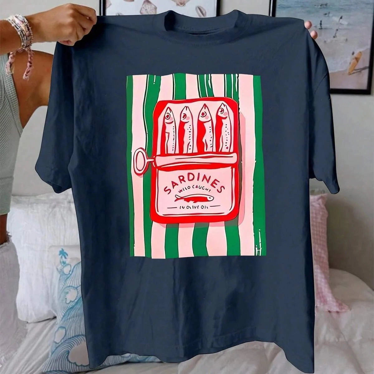 Summer Women'S T-Shirt Casual Cotton Top with Sardine Print Short Sleeve Round Neck Breathable Fabric for Daily Wear