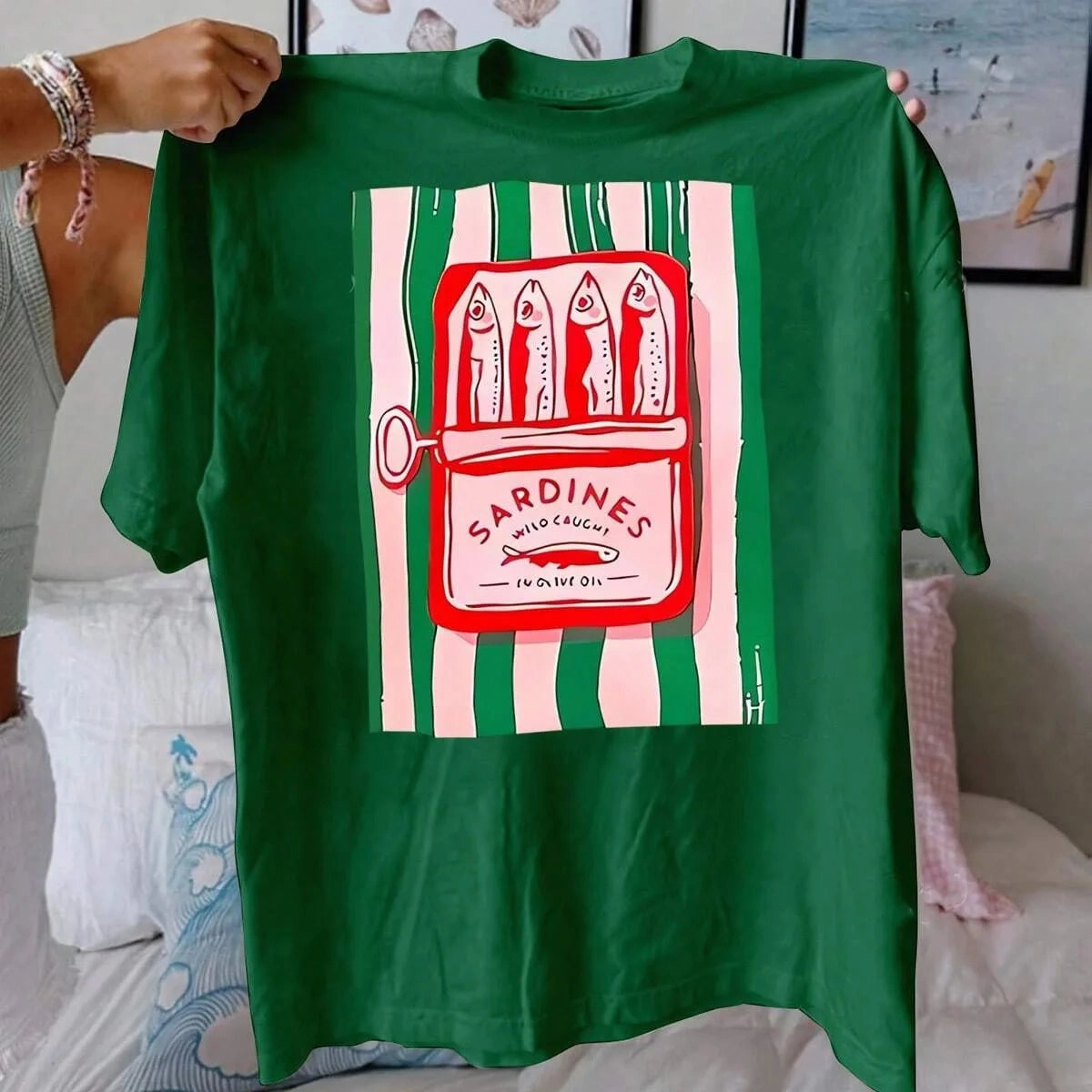 Summer Women'S T-Shirt Casual Cotton Top with Sardine Print Short Sleeve Round Neck Breathable Fabric for Daily Wear