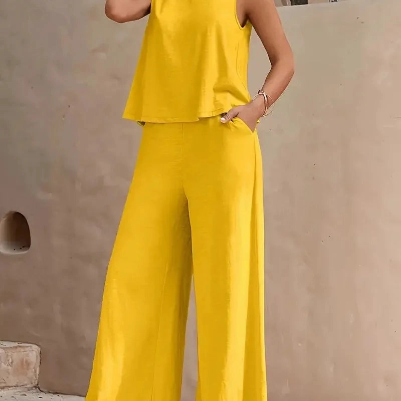 Summer Women's Two Piece Set Sleeveless Tank Top and Wide Leg Pants Casual Fashion Outfits for Warm Weather