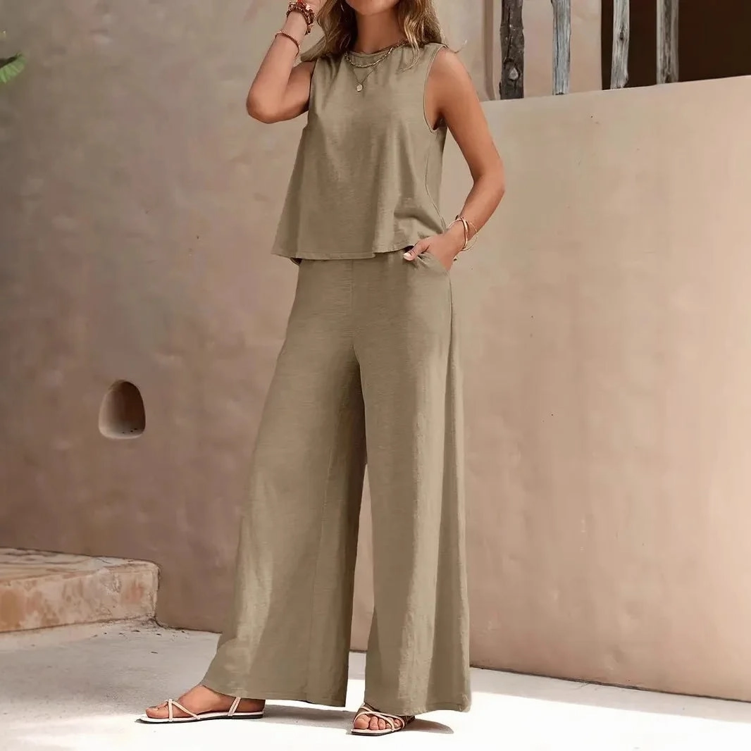 Summer Women's Two Piece Set Sleeveless Tank Top and Wide Leg Pants Casual Fashion Outfits for Warm Weather