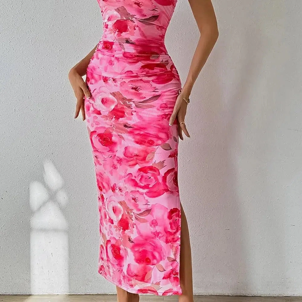 Summer Women Sexy Chestless Hem Slit Sleeveless Printed Dress