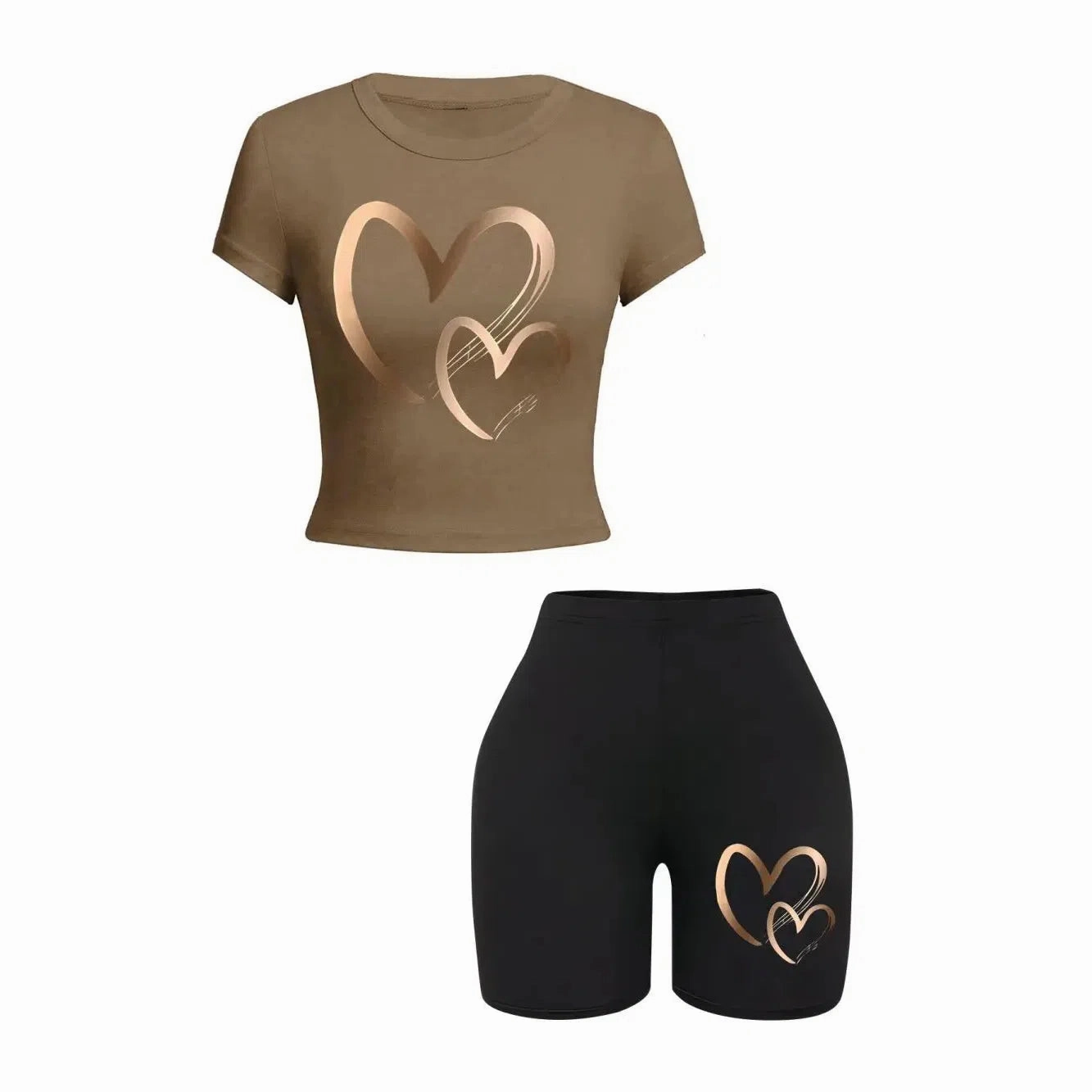 Summer Women Slim-fit T-Shirts & Shorts 2 Pieces Set Hearts Print Fashion Soft High Elastic Clothes
