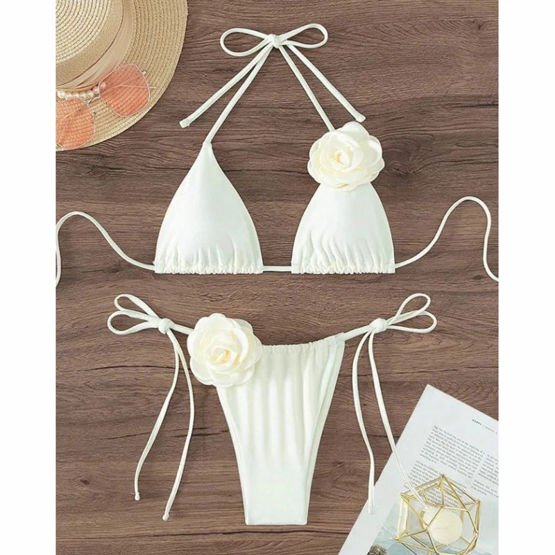 Summer Women Solid Color Swimsuit Backless Floral Bikini Set